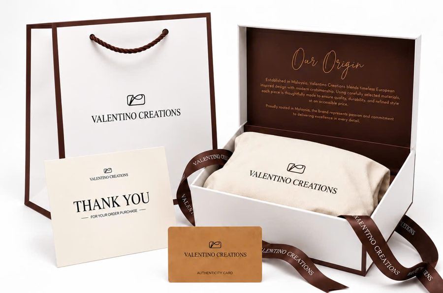 Hộp quà, túi giấy, thẻ xác thực và thiệp cảm ơn của Valentino Creations